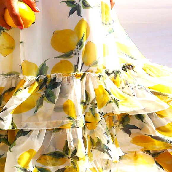 SLEEVELESS LEMON PRINT L SCOOP NECK 3 TIER FLOUNCE ON SKIRT SLIM TANK DRESS - Picture 5 of 5